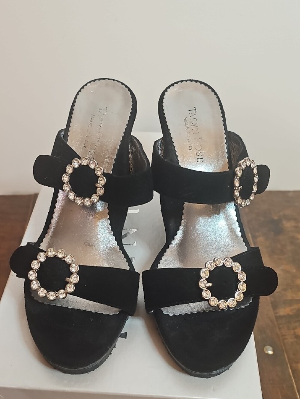 Taryn Rose Black Suede Slide Sandals with Crystal Buckles